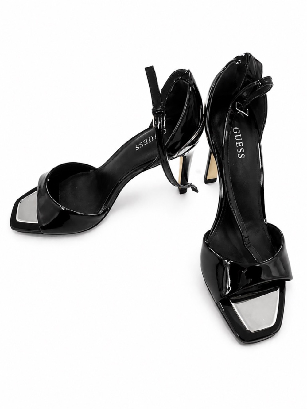 GUESS Black Patent Heeled Sandals with Silver Accent
